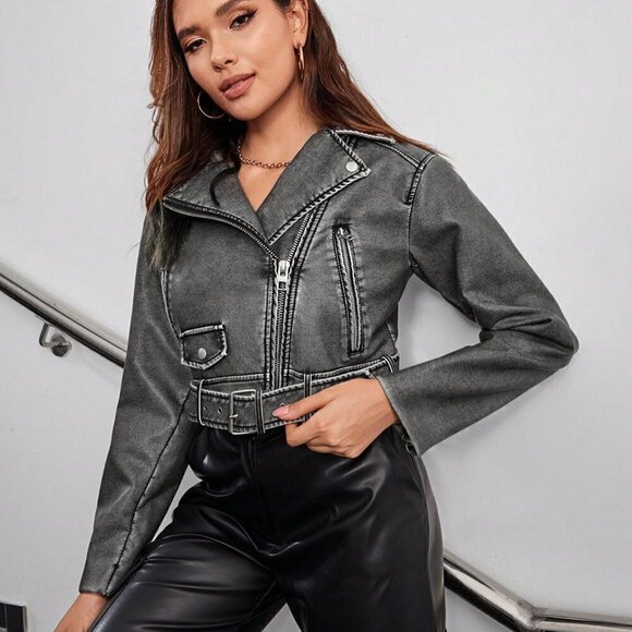 Grey Casual Womens Zip Up Belted Moto Jacket - Picture 6 of 6